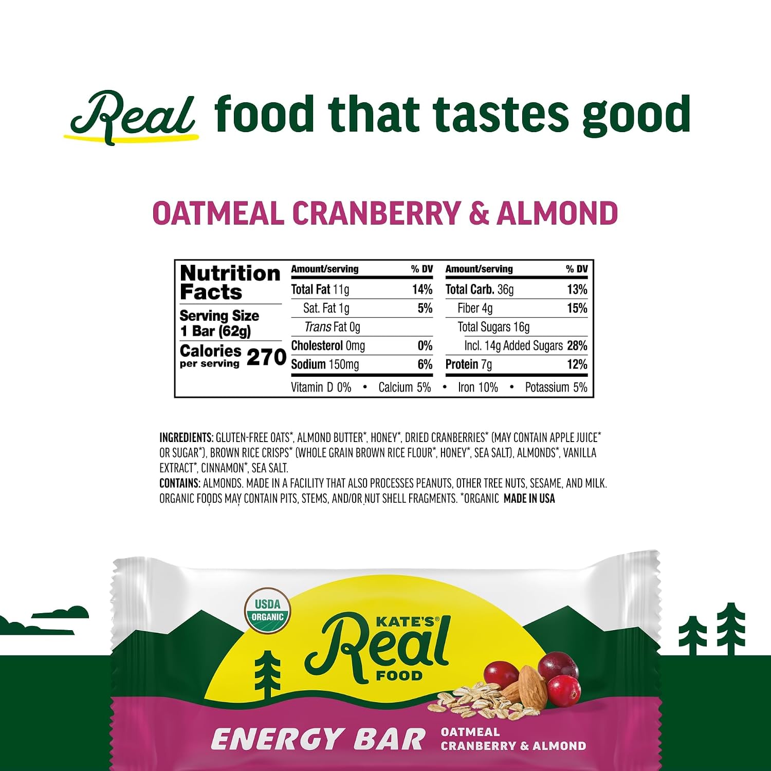 Kate's Real Food Organic Energy Bars Oatmeal Cranberry Almond (Pack of 12)