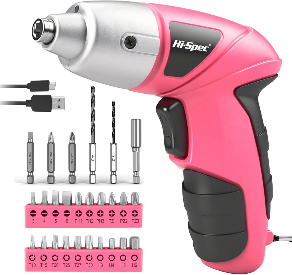 Hi-Spec 27pc 3.6V Red Small Power Electric Screwdriver Set. Cordless & Rechargeable with Driver Bit Set
