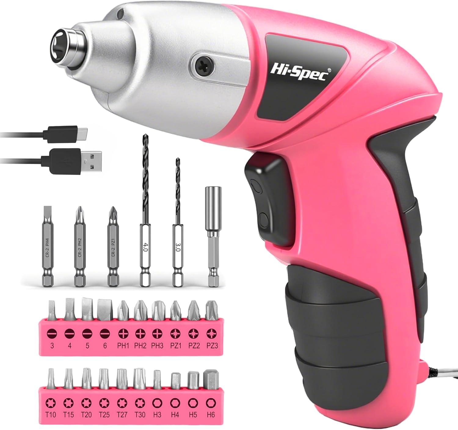 Hi-Spec 27pc 3.6V Red Small Power Electric Screwdriver Set. Cordless & Rechargeable with Driver Bit Set