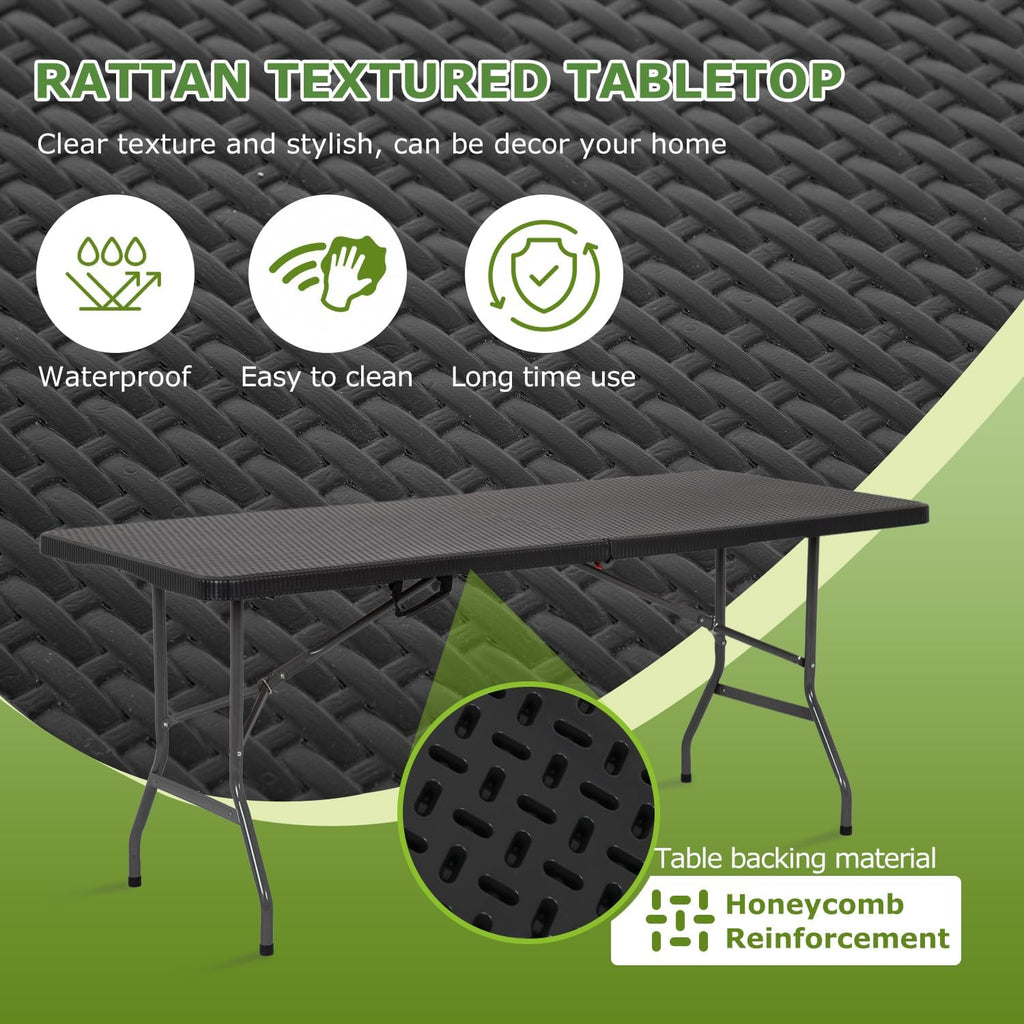 BestOffice | 6FT Folding Table | Black Ratten | Portable Plastic Table