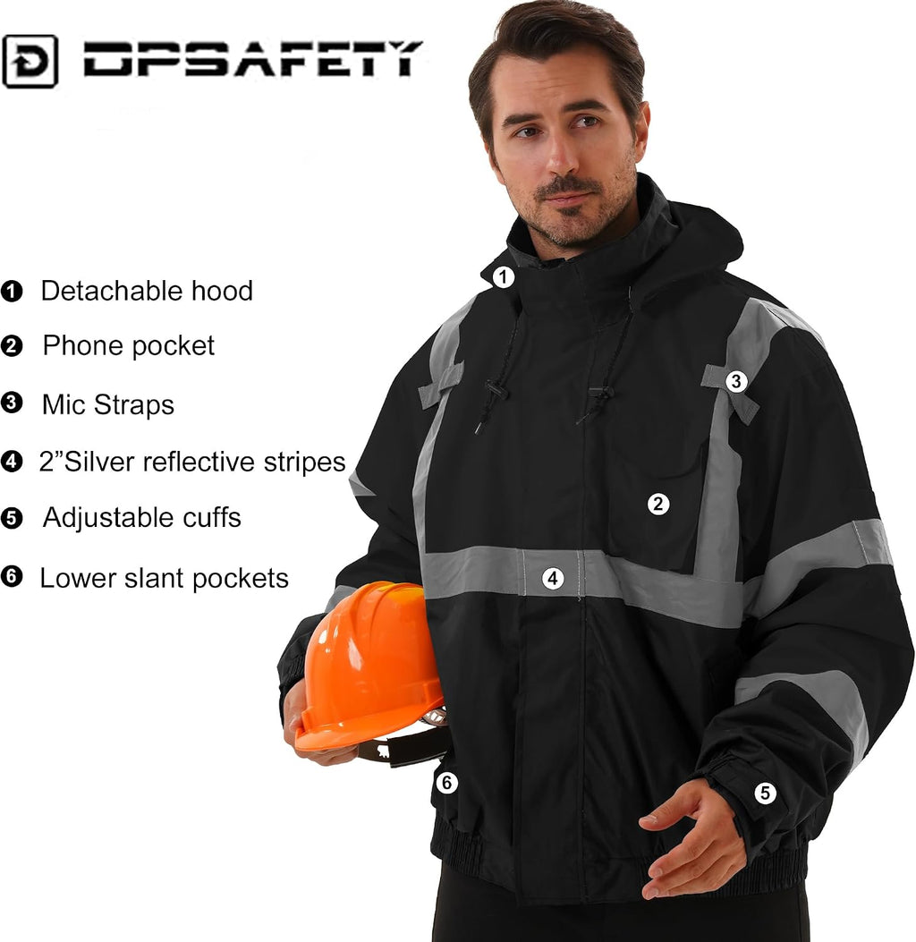 3 in 1 Safety jacket,Reflective high Visibility Hooded jacket,Hi Vis Bomber Jacket shell and fleece lining,Waterproof,ANSI Class 3 Black,Small