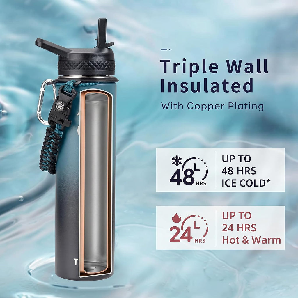 Trebo Insulated Water Bottle 24 oz with 3 Lids, Paracord Handle