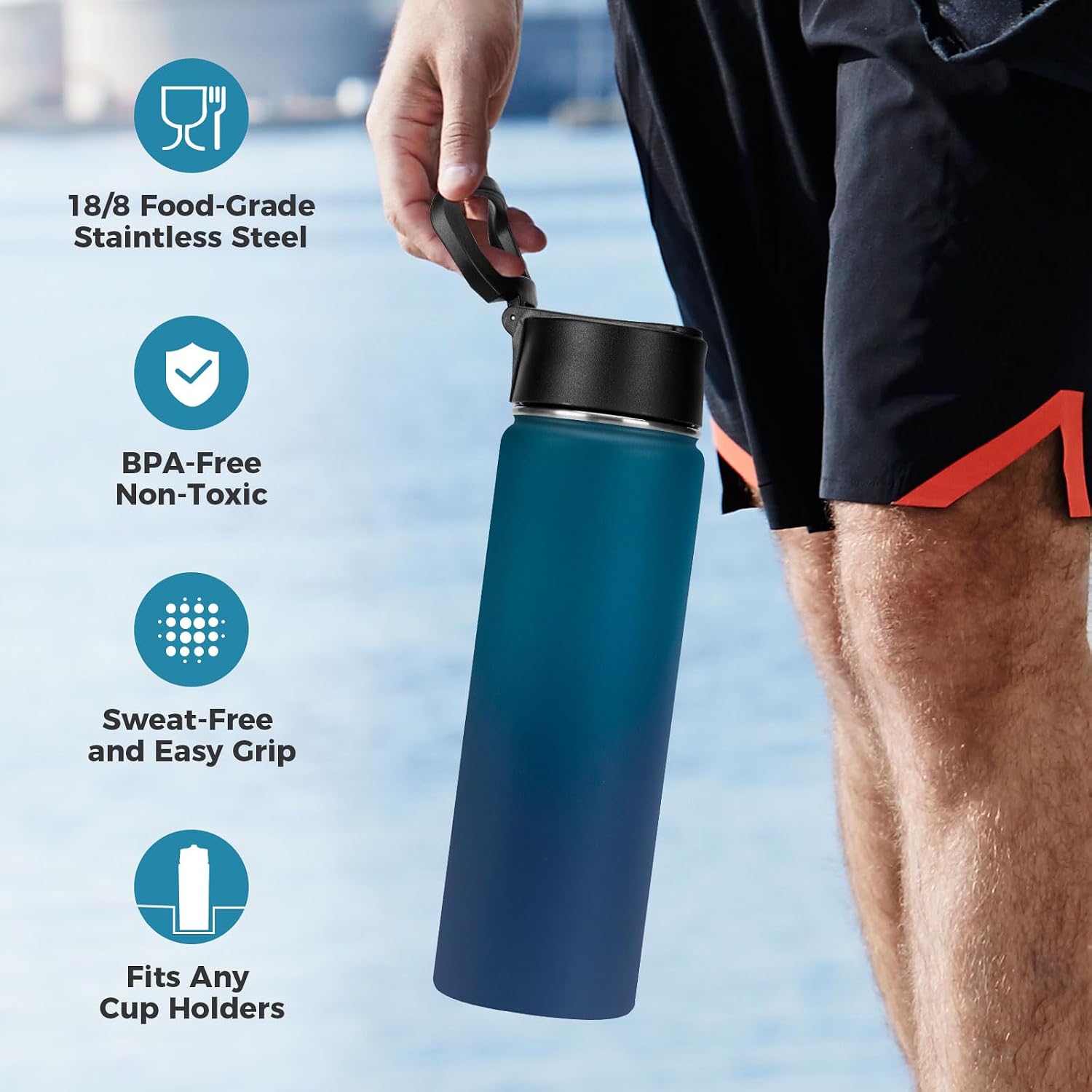 Neihepal 22 oz Insulated Water Bottles with Leak Proof Straw Lid, Wide Mouth Double Walled Vacuum Stainless Steel Metal Water Bottle (Dark Night,2 Pack)