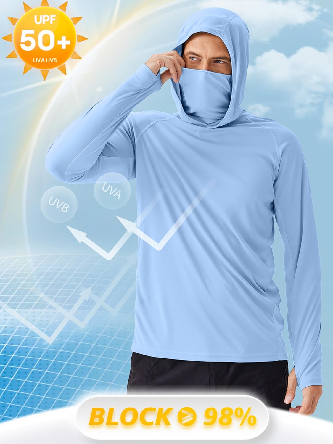 PINSPARK UPF 50+ Sun Hoodie Long Sleeve Fishing Shirts for Men with Mask