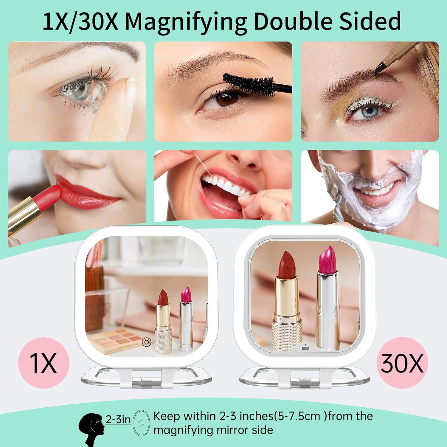 FASCINATE 7" Rechargeable Travel Makeup Mirror 30X Magnification(White+Bag)