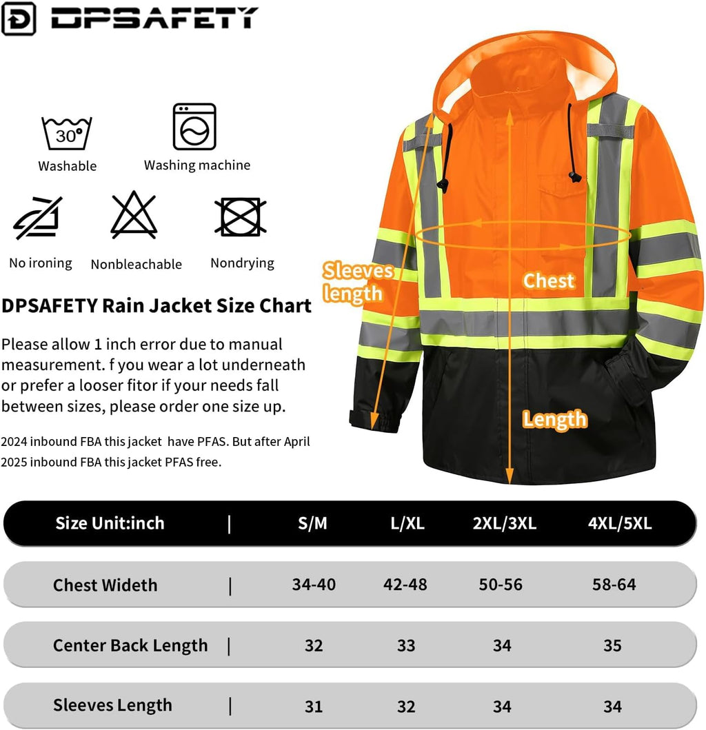 Reflective Rain jackets for men waterproof,Hi Vis Safety Coat With Reflective Strips，High Visibility Class 3 Rain jackets With 2 large pockets，Zipper,Orange,4XL/5XL