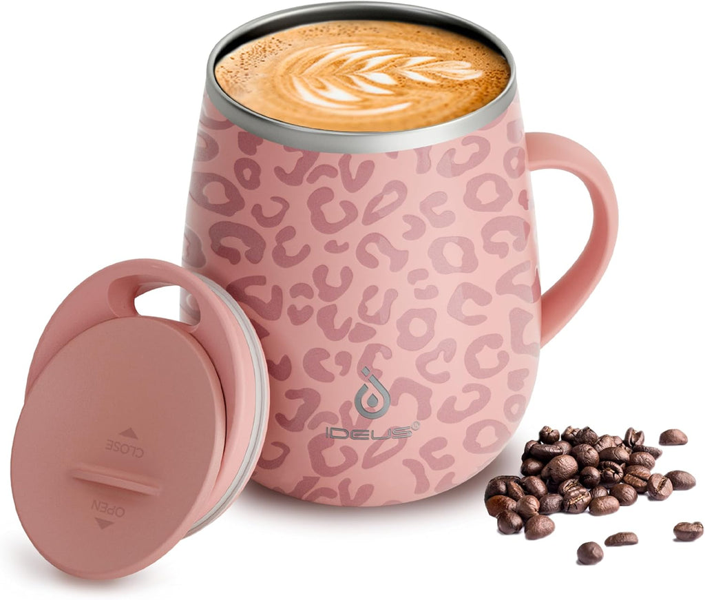Ideus 16 oz Insulated Coffee Mug with Lid and Handle (Leopard Pink)