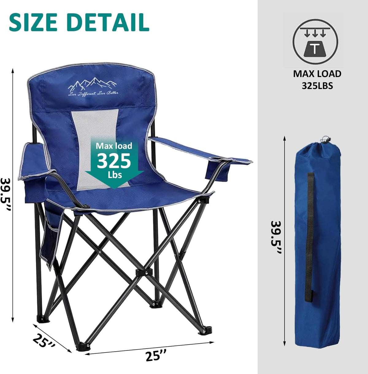 2PCS SAILARY Mesh Folding Camping Chairs, Oversized Portable Outdoor Chairs, Weight Capacity 325 lbs with Cup Holder, Storage Pocket, Carry Bag Blue