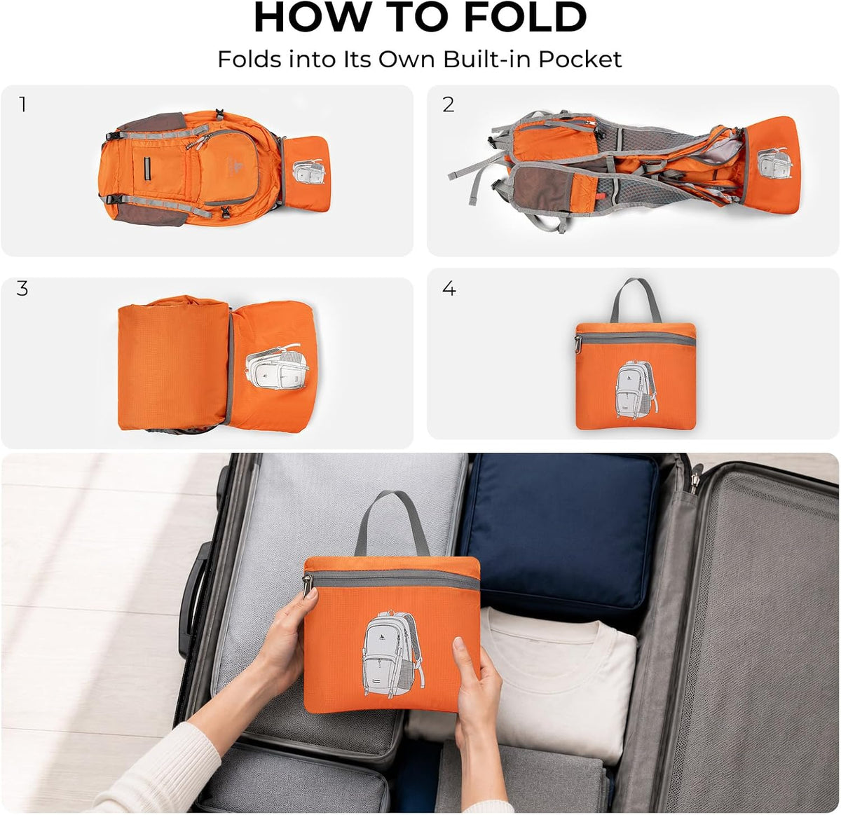 20L Small Hiking Backpack for Women Men, Lightweight Packable Day pack, Foldable Daypack for Cycling, Travel, Commuting (Orange)