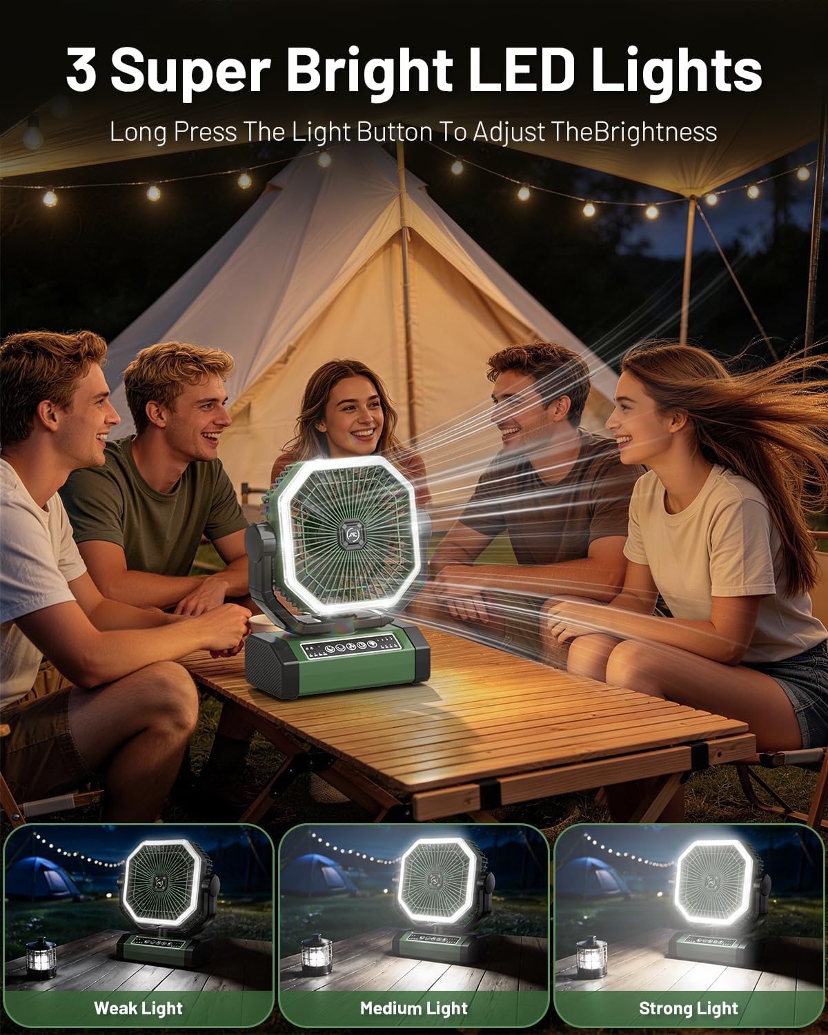 Allsion Camping Fan - 24000mAh Portable Fan, Rechargeable Fan with Light & Remote, Battery Powered Fan 4 Speed Strong Airflow, Desk/Camping/Outdoor/Gym Fan for Office Travel Treadmill Camping Gear