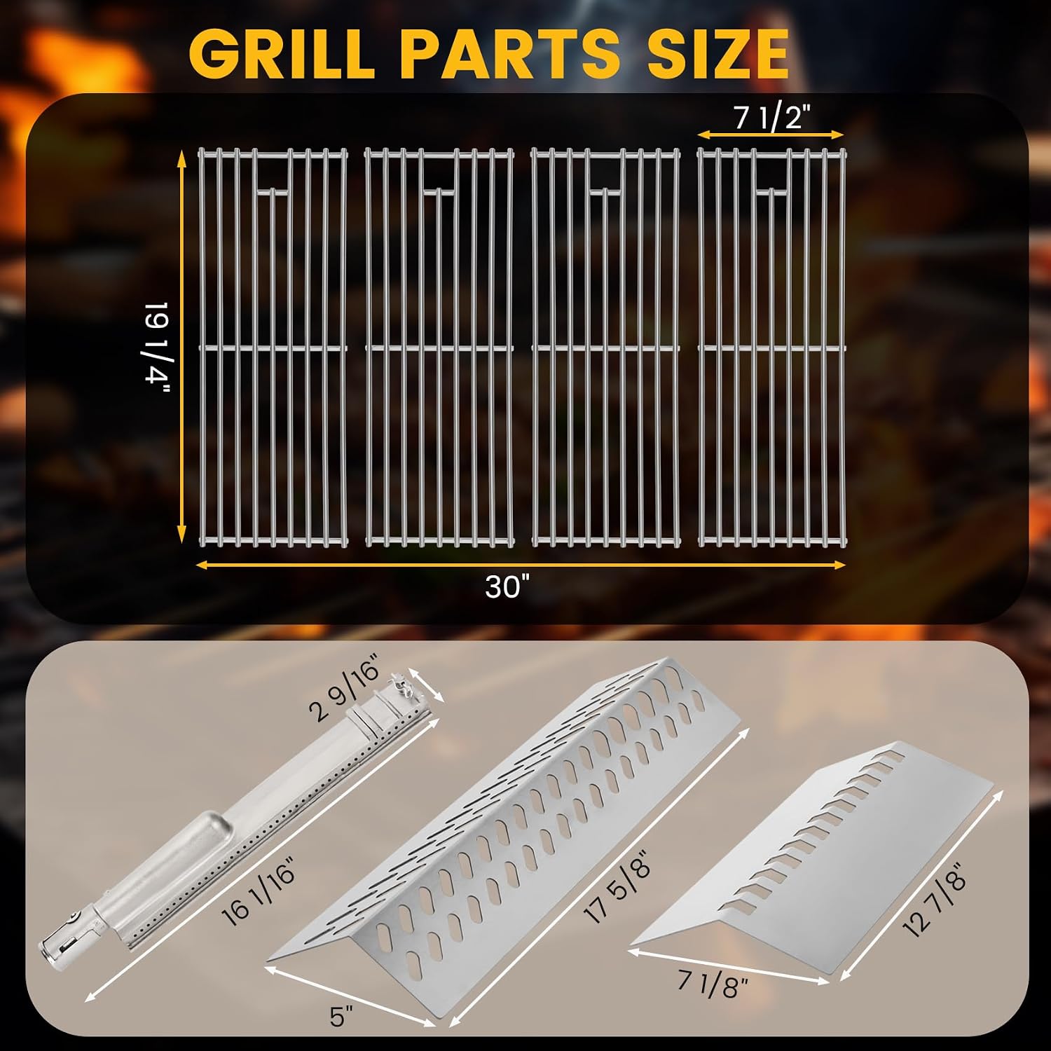 Grill Replacement Parts Compatible with Bull Grill 26038 26039 47628 47629 87048 87049 BBQ Grill, 16517 Cooking Grate 16521 16631 Flame Tamer 16520 16670 Heat Shield 16516 35717 Burner Kit with Grates