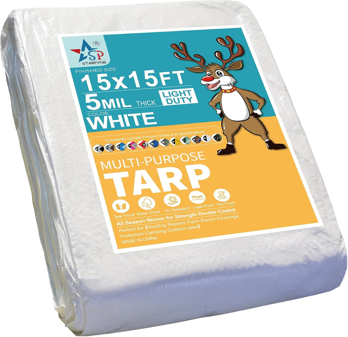 STARPYNG-5 Mil White 8x14 Feet Tarp-LightDuty Waterproof Tarpaulin-Waterproof, UV Resistant, Rip and Tear Resistant, Poly Tarpaulin with Reinforced Edges for Cover