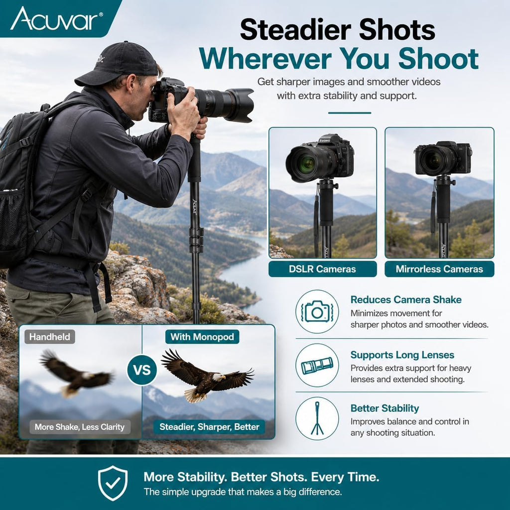 Acuvar 62 Inch Photography Monopod with Safety Strap – Lightweight Aluminum Camera Monopod for Travel & Outdoor Shooting