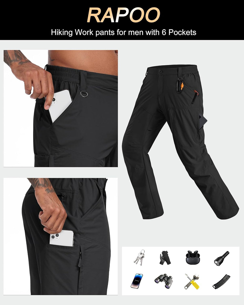 Rapoo Mens Hiking Pants Lightweight Water Resistant Breathable Nylon Cargo Pants with 6 Pockets