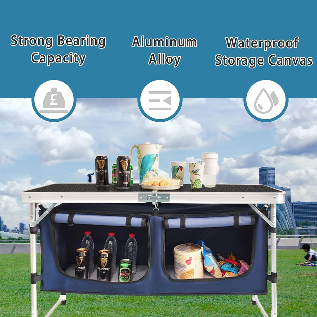 Folding Camping Table with Storage Compartment Aluminum Lightweight Camp Kitchen Table Height Adjustable Indoor/Outdoor Table Perfect for Tailgating, Backyards, BBQ, Picnic (Black-Wide W/Stool)