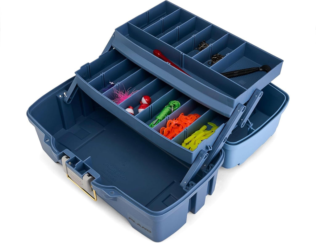 Plano Catch All Two-Tray Tackle Box Kit, Light Blue/Dark Blue, Rust-Proof Brass Latch, Top-Access Tray with Deep Storage, Made in the USA, Portable Fishing Gear Storage Organizer