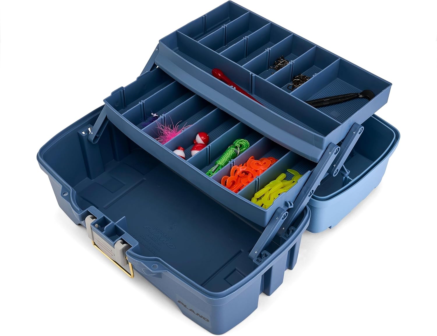 Plano Catch All Two-Tray Tackle Box Kit, Light Blue/Dark Blue, Rust-Proof Brass Latch, Top-Access Tray with Deep Storage, Made in the USA, Portable Fishing Gear Storage Organizer