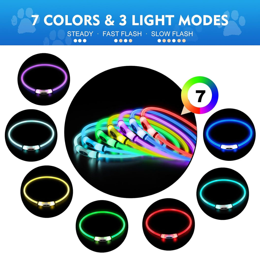 NOVKIN Lighted Dog Collar, Rechargeable 7 Colors Changing Light Up Dog Collar, IP67 Waterproof LED Collar Glow in the Dark, Make Pet Visible and Safety for Night Walking,Outdoor, for All Dogs