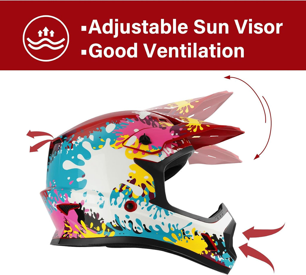 SLMOTO Youth Dirt Bike Helmets DOT Youth Kids Motocross Offroad Street Dirt Bike Helmet Motorcycle ATV Full Face Helmet with Goggles Gloves, Spray Graffiti Medium