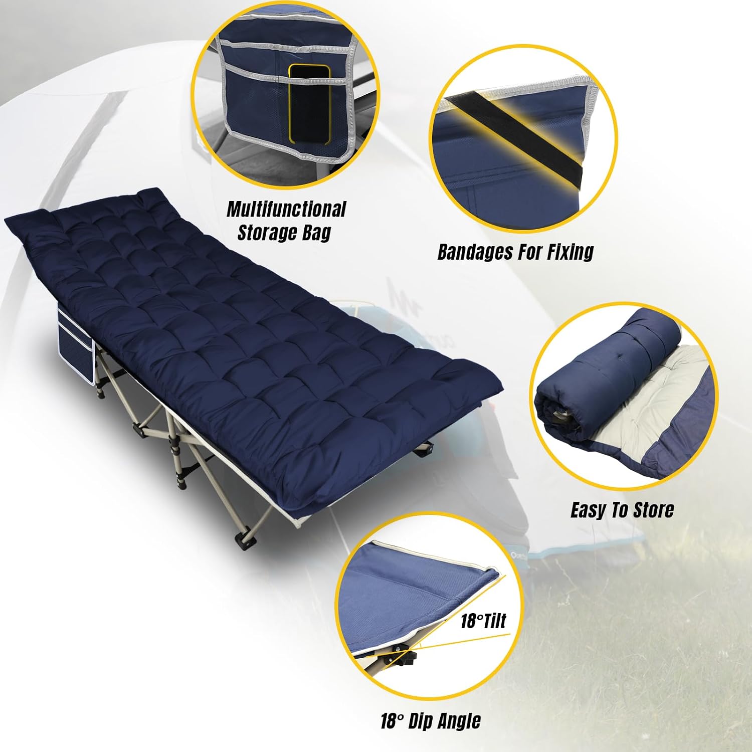YELLOW JACKET Folding Camping Cot for Adults,600LBS Max Load,28" Wide Sleeping Cot with Removable Thick Mattress Portable Foldable Camping Bed with Carry Bag for Camp,Home,Office,Travel,Blue