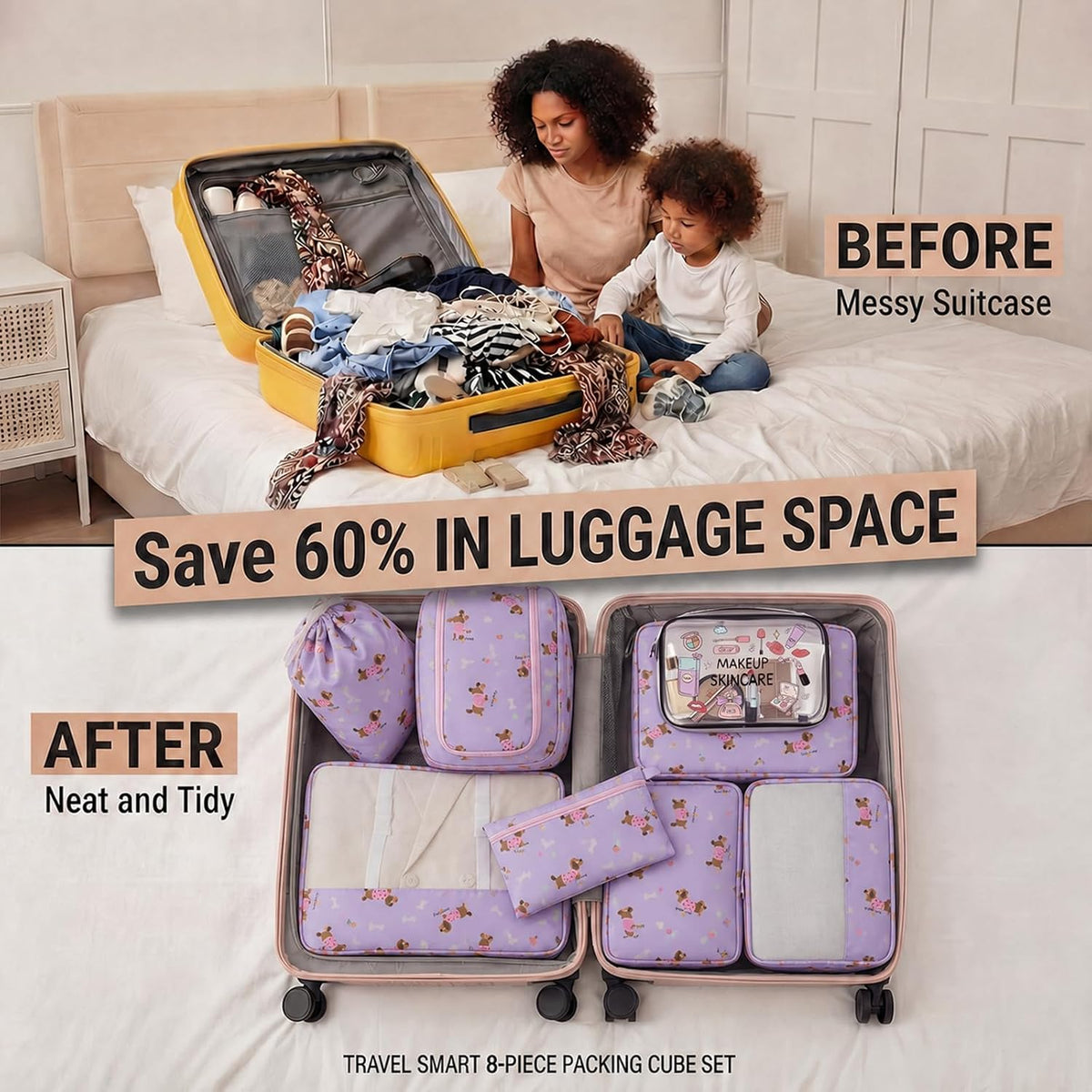 8 Set Packing Cubes for Travel, Durable Luggage Packing Organizers, Carry-On Accessories, TSA Approved See-Through Cubes, Space-Saving Storage Bags, Gifts for Women (Purple Dog)