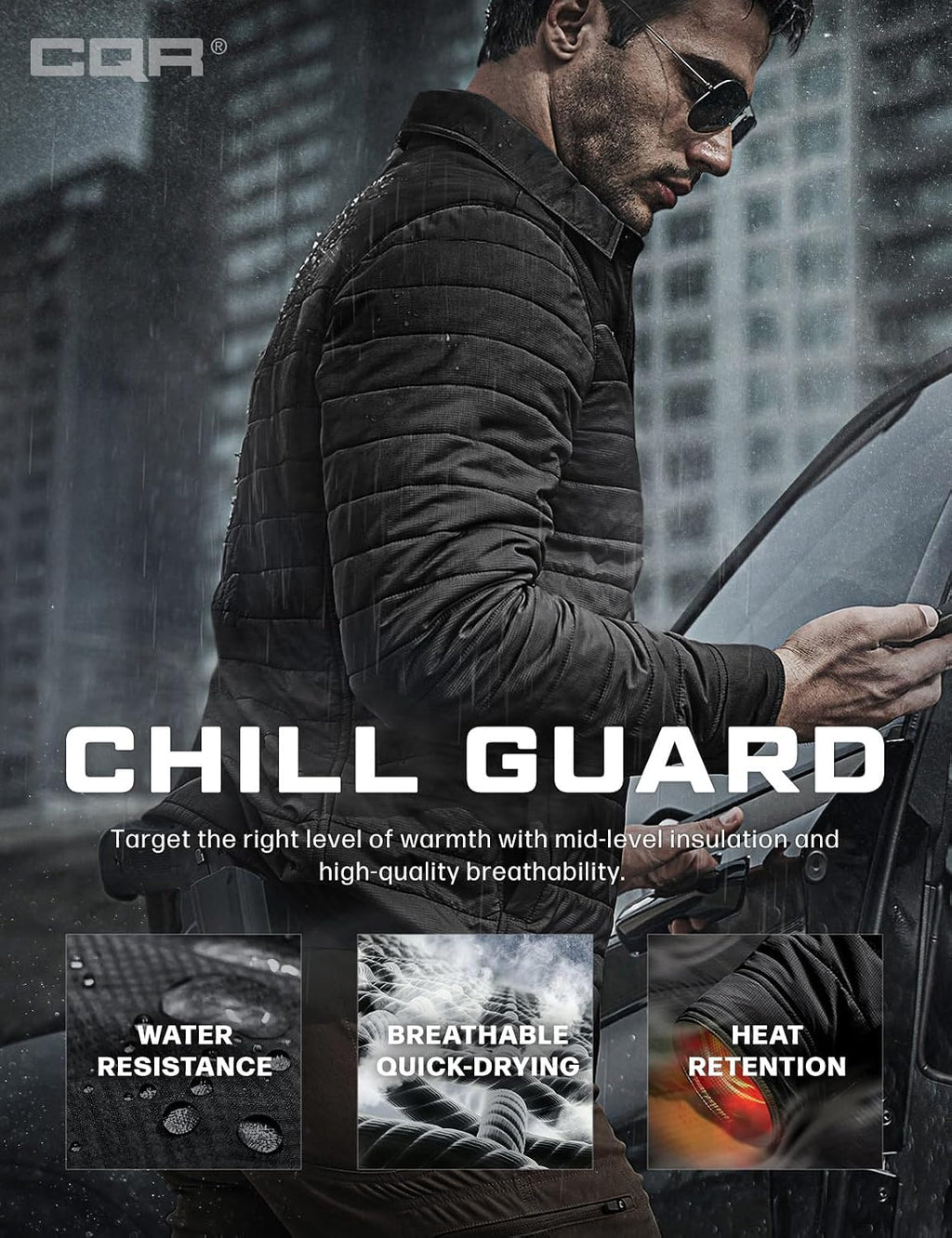 CQR Men's Lightweight Warm Insulated Jacket, Windproof Water Resistant Winter Active Coat for Hiking Work Outdoor Tactical