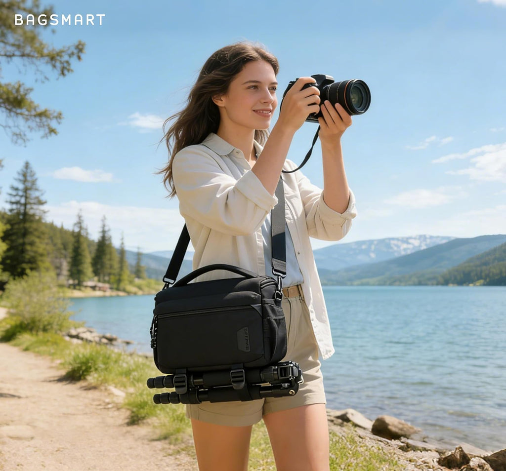 BAGSMART Camera Sling Bag with Tripod Holder & Rain Cover, Black