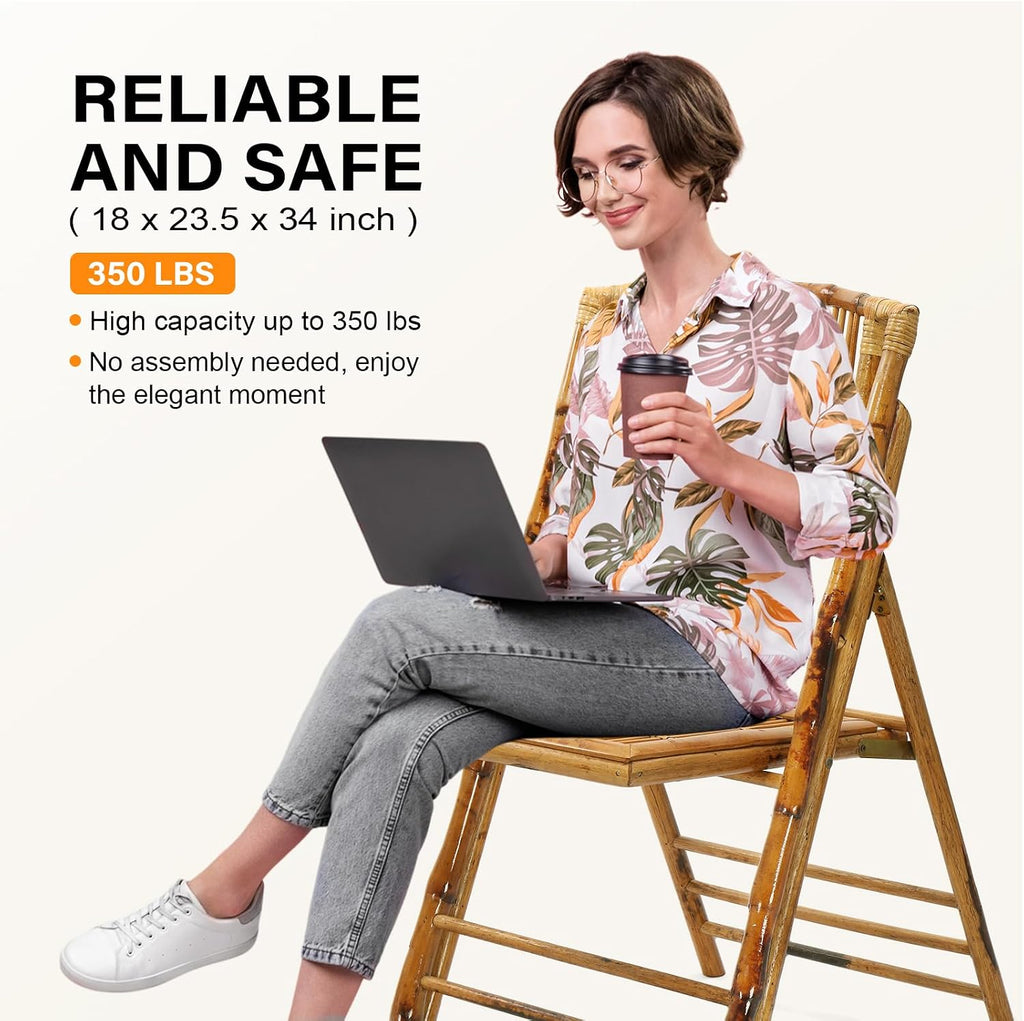 VINGLI Bamboo Folding Chair, Foldable Dining Wood Chairs Comfortable Seat for Outdoor & Indoor, Patio, Porch, Wedding, Party, Event,Brown (4 Pack)
