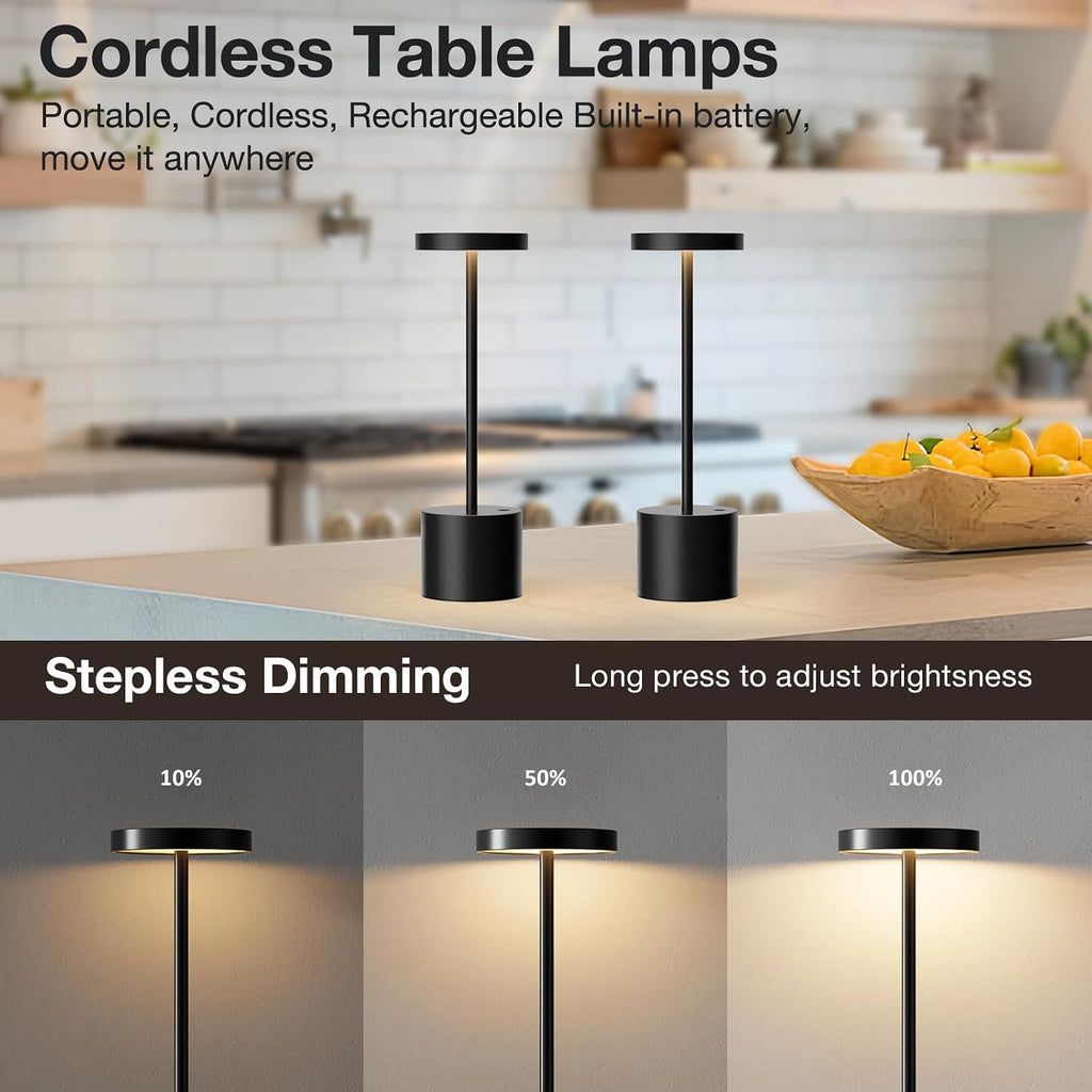 Cordless Rechargeable Table Lamp, 4000mAh Battery Operated, Black, 2 Pack