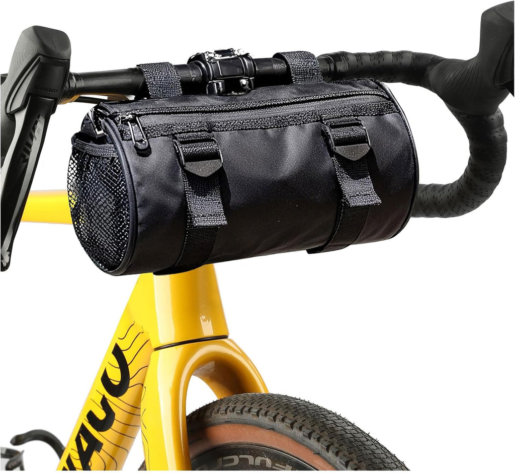 SEAFEW 4L Black Bike Handlebar Bag, Waterproof Bicycle Accessories, Bike Frame Front Pouch with Zipper and Shoulder Strap, Small Mountain Road Bike Barrel Bag