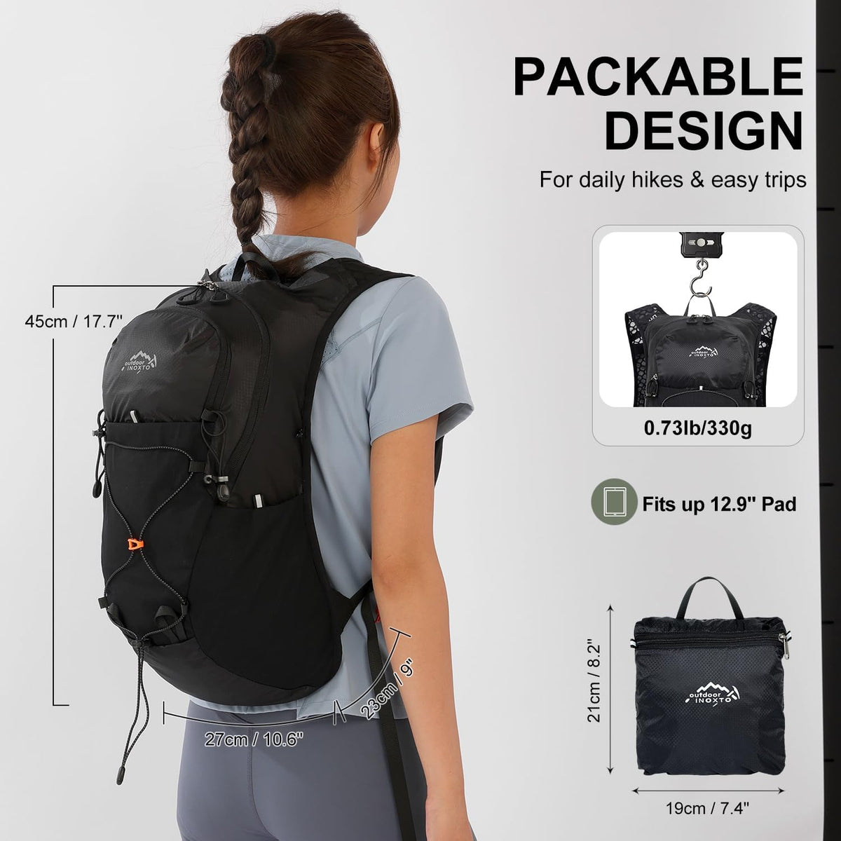 IX INOXTO 15L Small Hiking Backpack Lightweight Foldable Packable Backpack Waterproof Travel Camping Daypack for Men Women (Black)