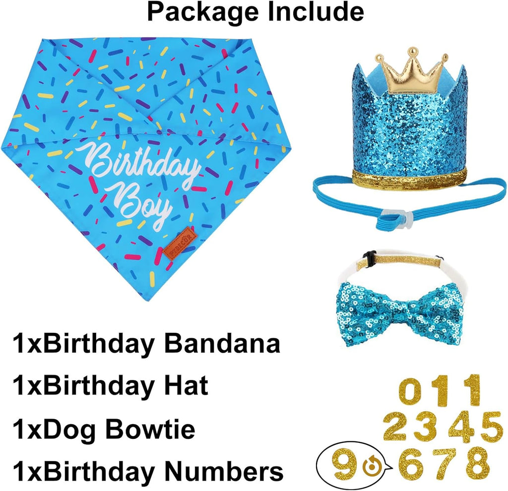PTDECOR Dog Birthday Hat, Blue Boy Dog Birthday Bandana Set, Small