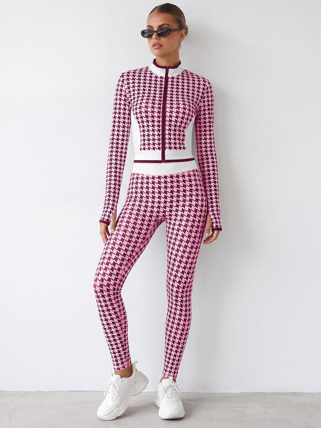 Aoysky Womens High Waist Houndstooth Leggings No Front Seam Yoga Pants