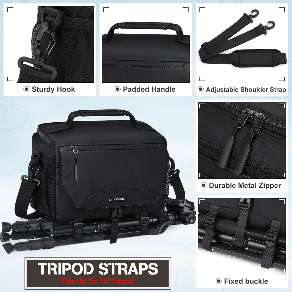 RAINSMORE Camera Bag, Small Camera Sling Bag Waterproof Camera Case, Black
