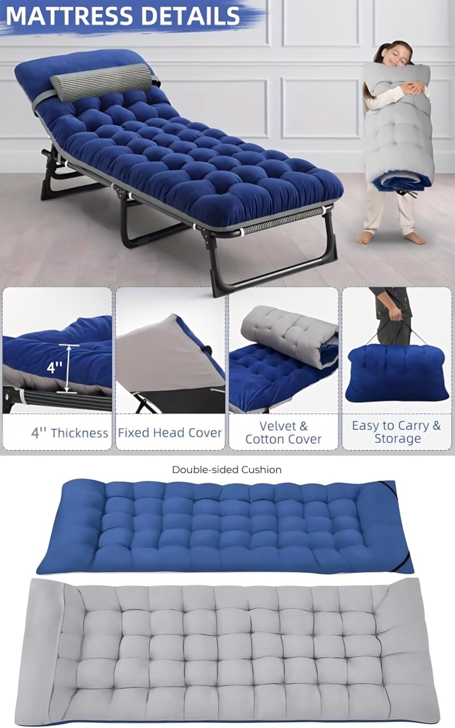 Folding Camping Cot for Adults,Adjustable Sleeping Cot with Mattress