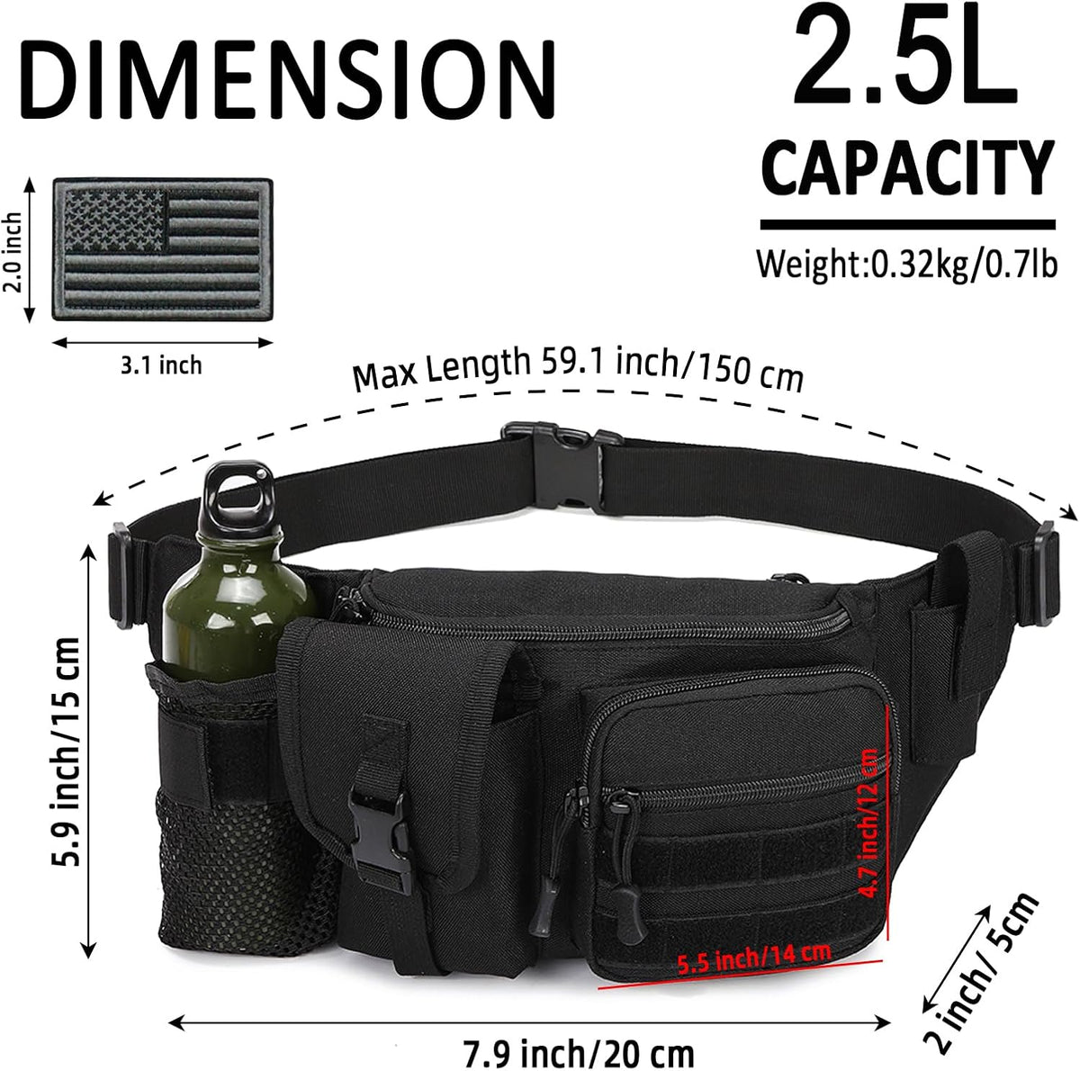 Tactical Fanny Pack For Men, Military Waist Bag Adjustable Hip Belt BumBag EDC Bags for Outdoor Fishing Hiking Hunting with Bottle Holder Pouch and US Flag Patch (Black)