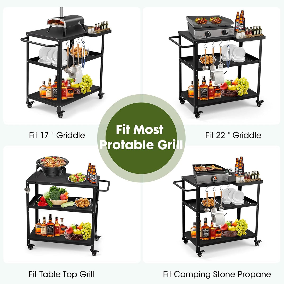 Outdoor Grill Cart Table, Pizza Oven Stand with Casters, Black