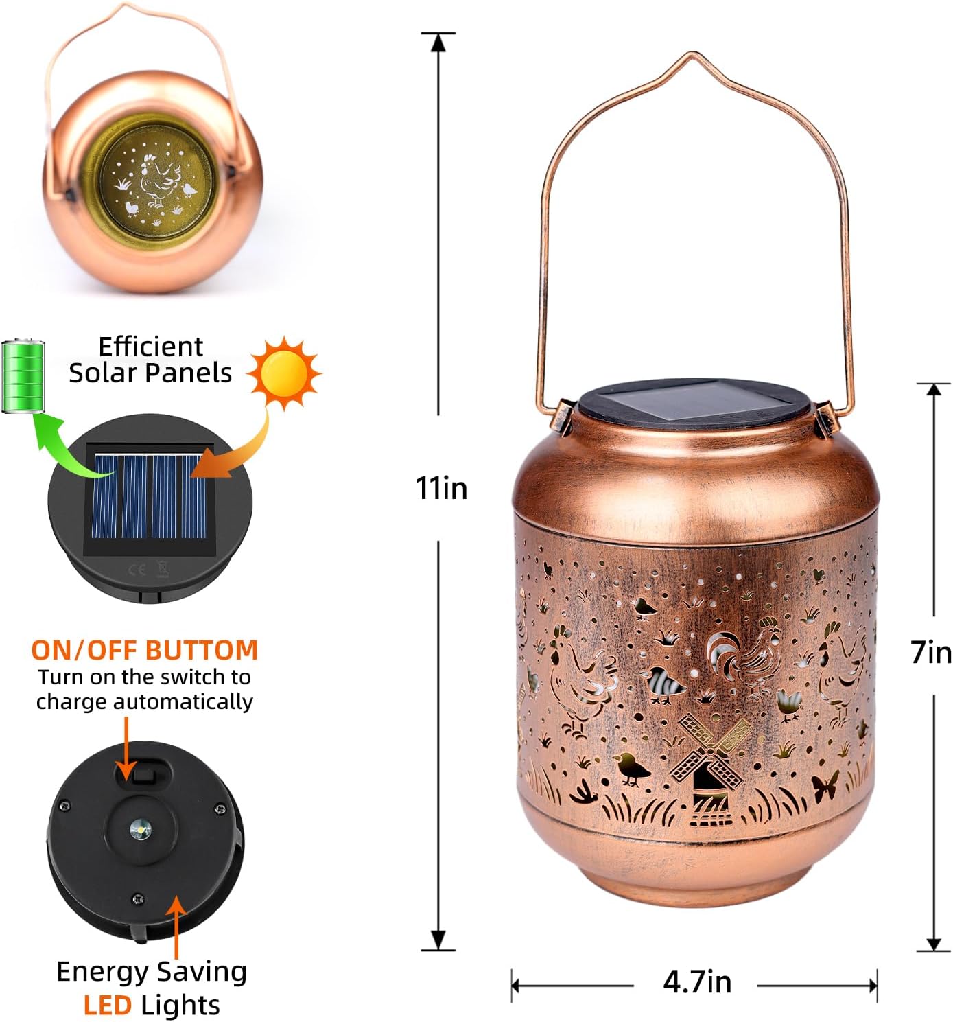 Chicken Solar Lanterns Outdoor Waterproof Hanging Solar Lights Birthday Gifts for Women Men Mom Metal Decorative Outside for Garden Yard,Patio,Lawn,Porch,Backyard,Tabletop Decor