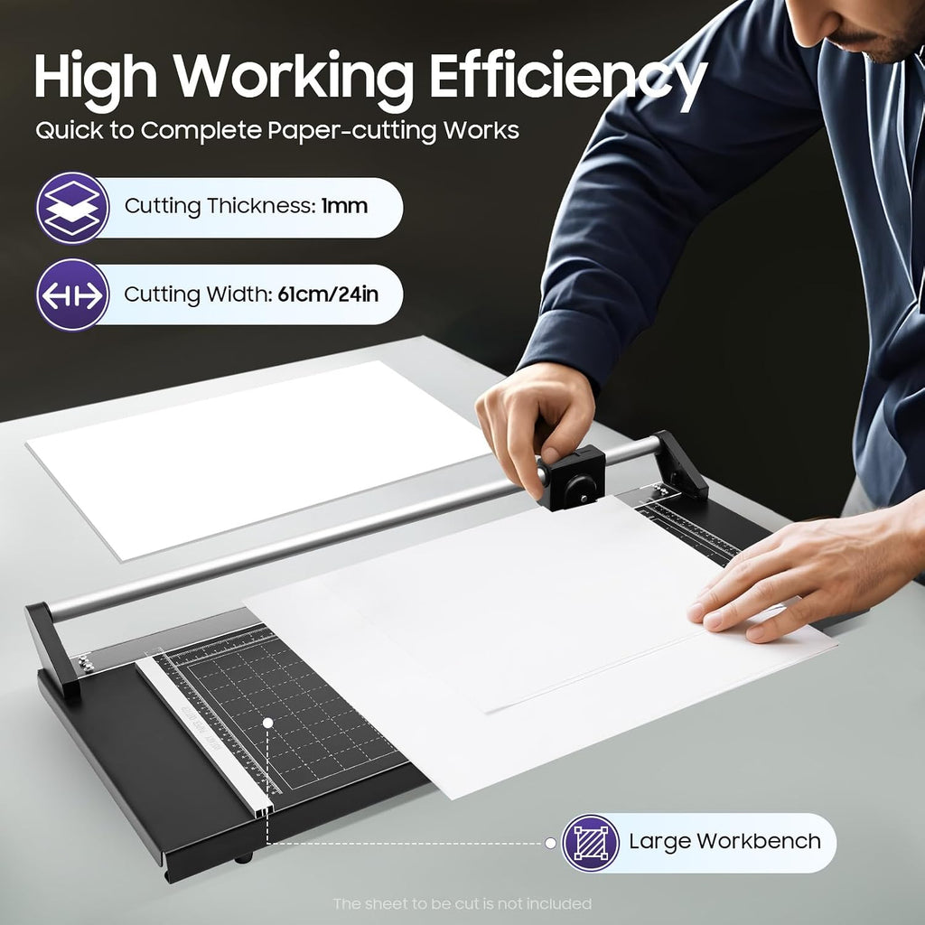 24" Rotary Paper Trimmer with 2 Replaceable Blades, 1mm Thick Cutting, 0-60° Angle Adjustment, Manganese Steel & Aluminum Alloy, Ideal for Studios, Offices & Crafts