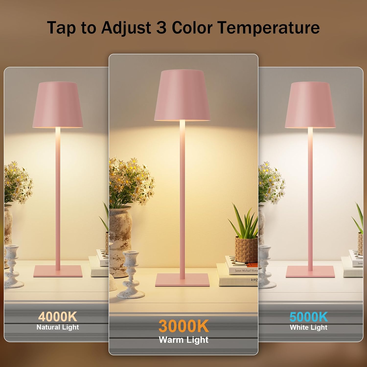 Kakanuo Pink Cordless Rechargeable Table Lamp, 2 Pack Portable Desk Lamp with 5000mAh Battery, Touch Control Stepless Dimming, Wireless Night Light for Dining, Outdoor Camping