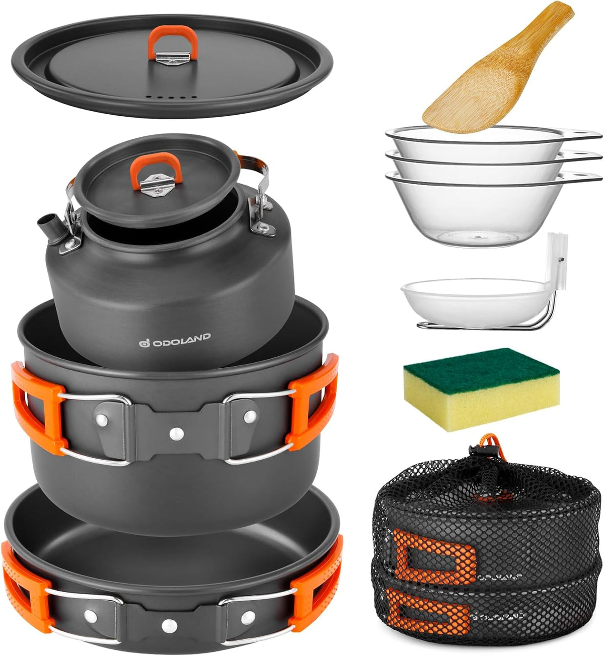 Odoland 10pcs Camping Cookware Camping Pots and Pans Set with Kettle Plastic Bowls and Soup Spoon for Camping, Backpacking, Outdoor Cooking and Picnic