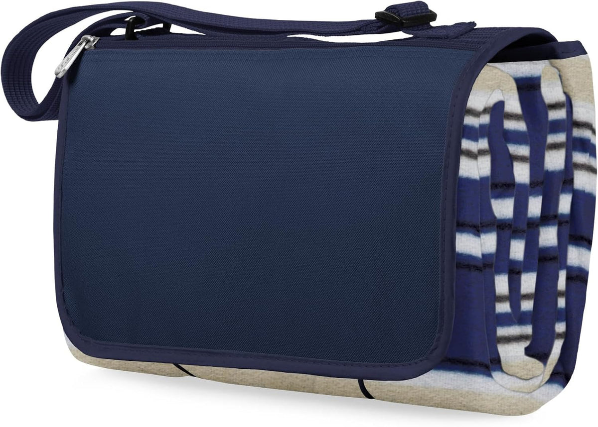 ONIVA Blanket Tote XL Outdoor Picnic Blanket, 70"x80" Foldable Beach Blanket with Fleece Top, Water-Resistant Backing, Strap & Pocket, Portable Mat for 4-5 People by Picnic Time (Blue Stripe/Navy Flap)
