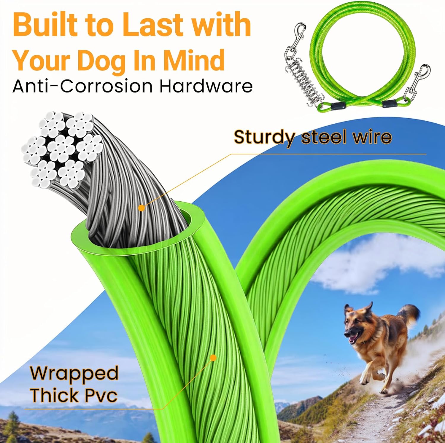 Dog Runner Trolley Cable: 50FT Heavy Duty Zipline for Yard & Camping with 10Ft Tie-Out & Shock Spring - Up to 200LBS