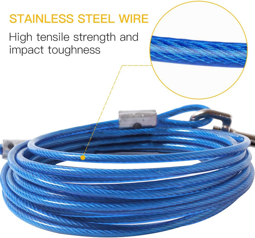CLKHOWL Dog Stake Tie Out Cable - 16/30" Anti Rust Reflective Stake for Medium Large Dogs Up to 125 lbs, Dog Cable Runner and Metal Hooks for Yard, Camping, or Outdoors (Blue, 16FT)