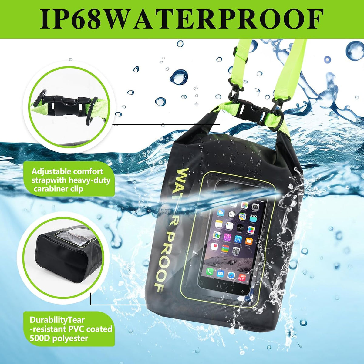 IP68 Waterproof Dry Bag,5L Roll Top Pool Bag,Large Waterproof Phone Pouch,for Boating Kayaking Camping (Black 5L)
