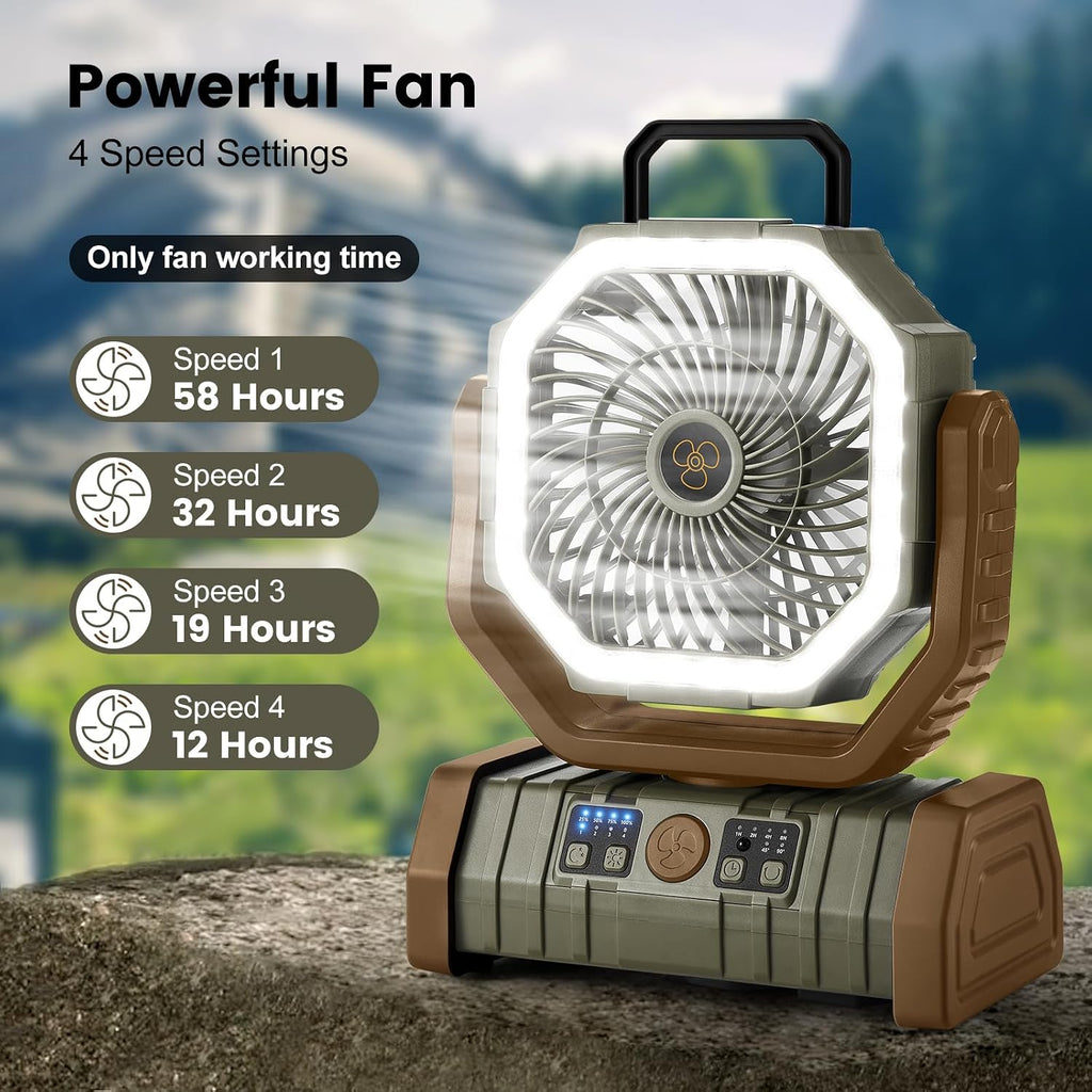 Odoland 30000mAh Camping Fan with LED Lantern, Rechargeable Battery Fan | Operated Oscillating Fan with Remote & Hook, Portable Tent Fan with Timer, 4 Speeds for Outdoor Camp RV Power Outage, Brown