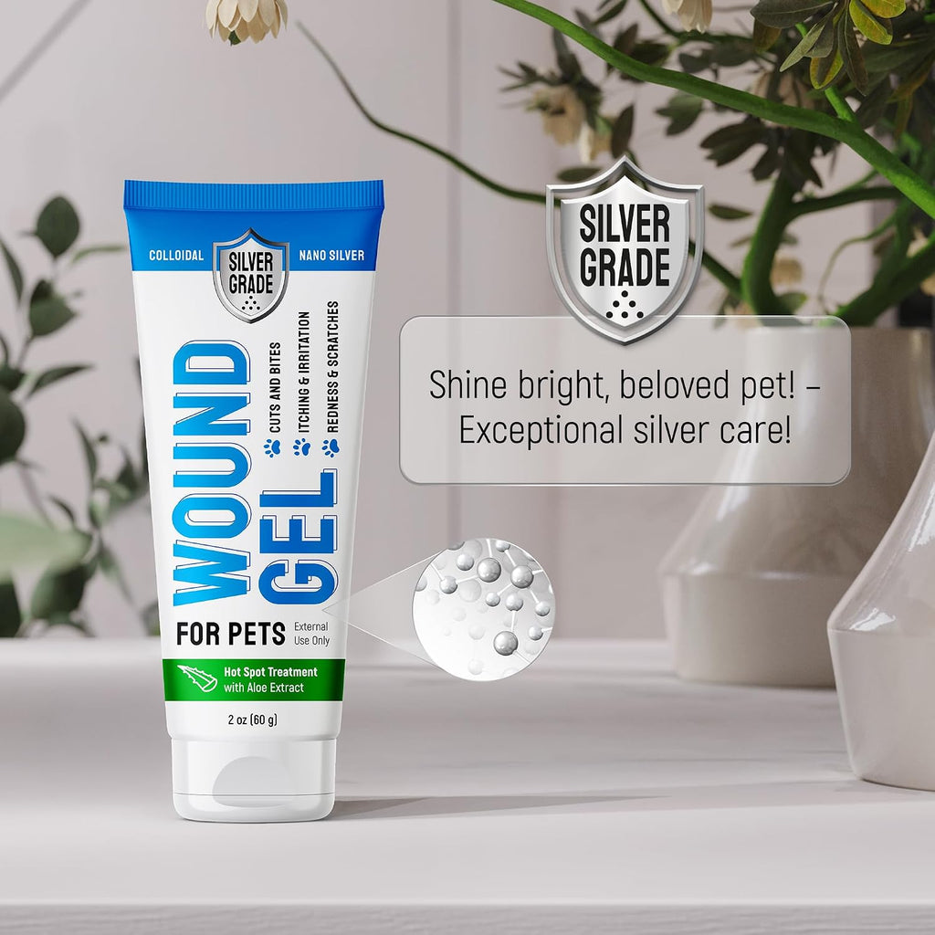 SILVER GRADE Wound Gel Tube for Pets – Dog Wound Care with Silver & Aloe – Cat & Dog Hot Spot, Scratches, Cuts, Bites Care – Help with Abrasions & Sores in Horses – Safe Breeds – 2 Oz