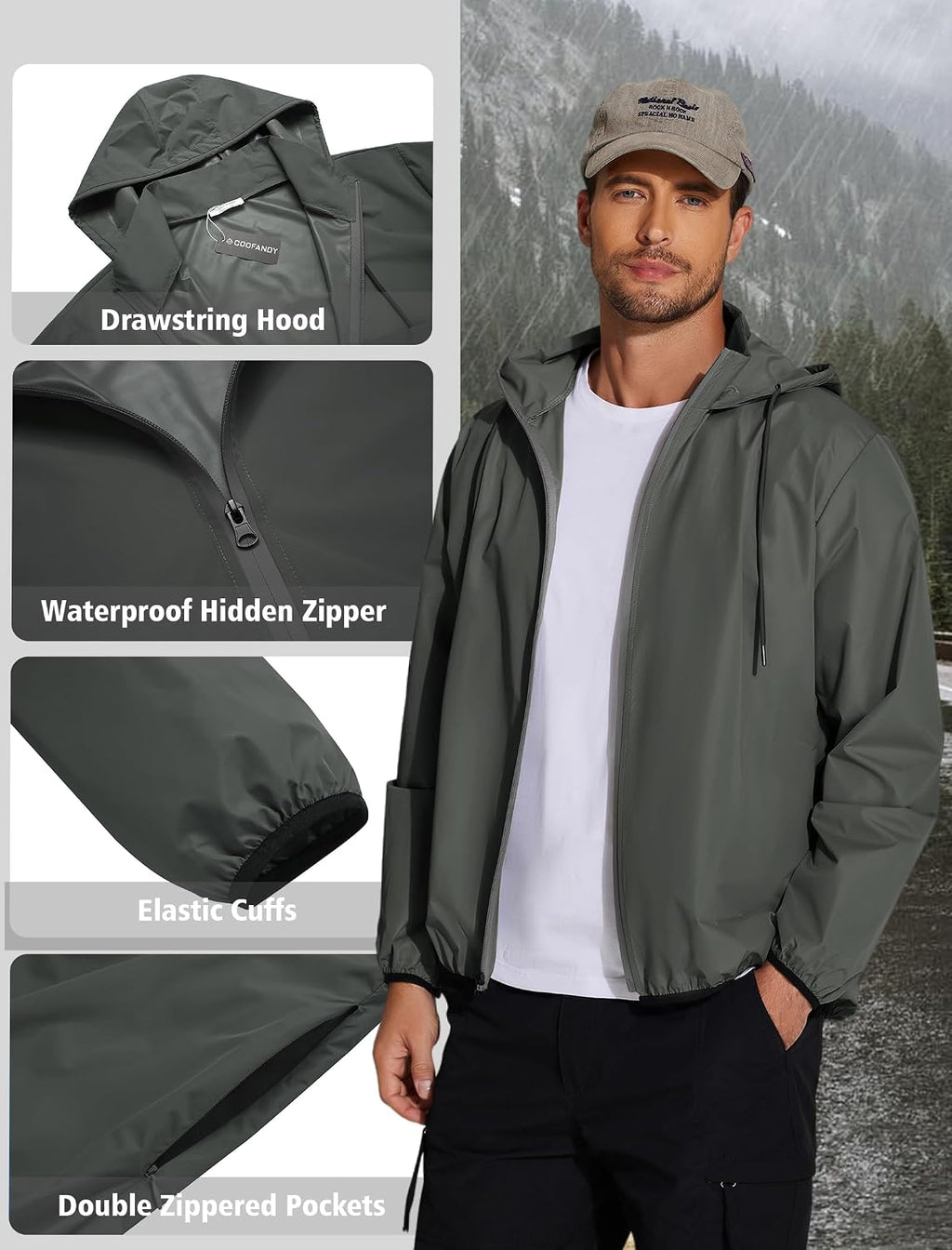 COOFANDY Men's Light Rain Jacket Packable Waterproof Raincoat Windbreaker