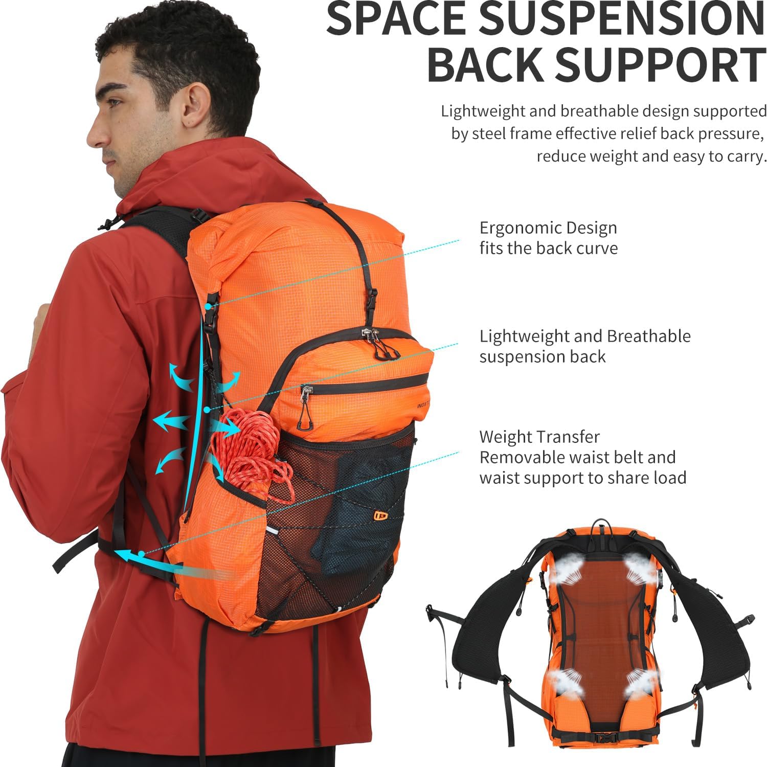 IX INOXTO Hiking Backpack for Men and Women, 30L Waterproof Camping Backpack with 3L Water Bladder and Rain Cover, Lightweight Outdoor Sport Travel Daypack Rucksack for Climbing Cycling (Orange)