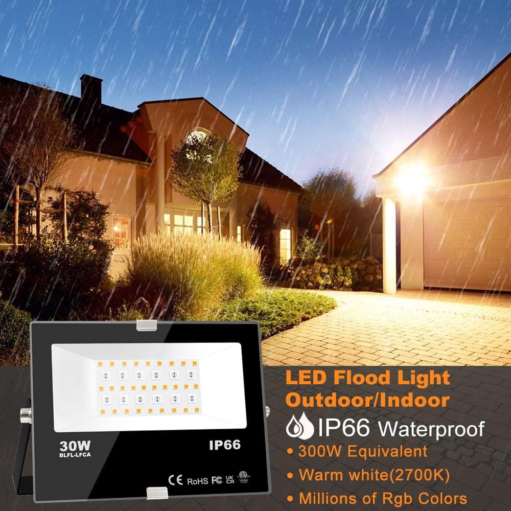 LED Flood Light Outdoor 30W, 300W Equivalent Smart RGB Landscape Lighting